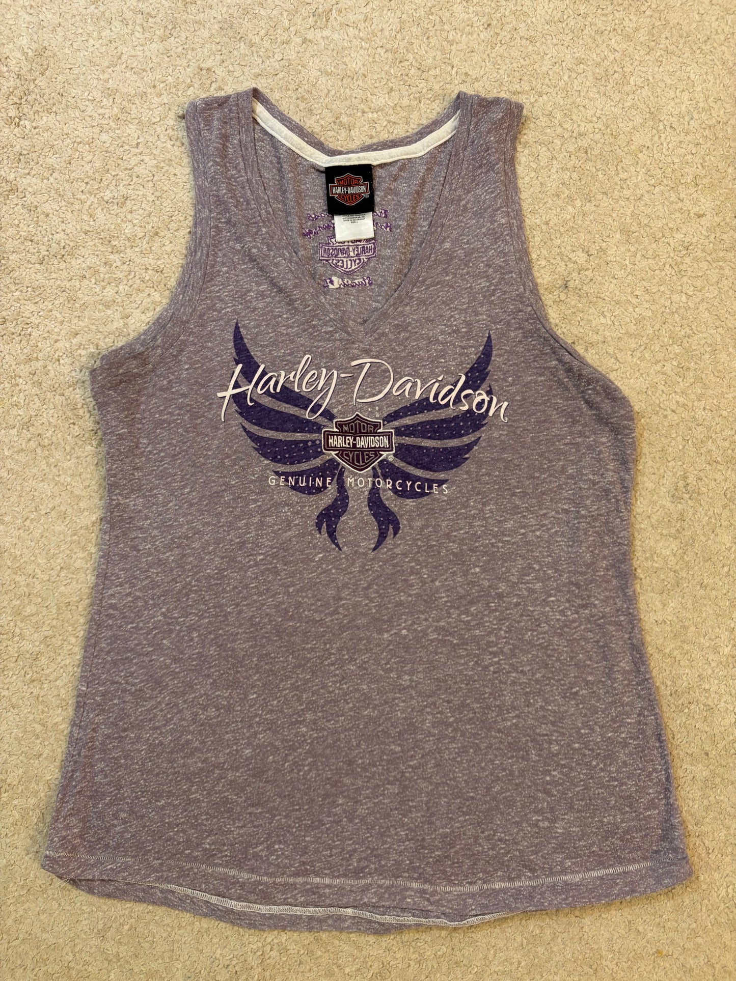 Débardeur Harley-Davidson Genuine Motorcycles Violet Chiné Col V Strass – Femme – Taille L