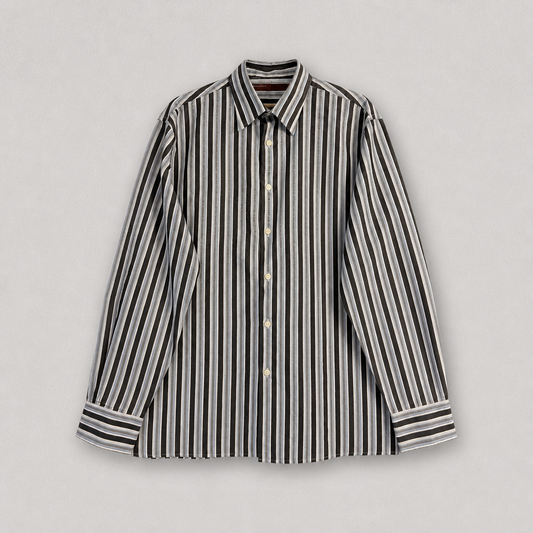 Chemise Perry Ellis rayures verticales bleu noir blanc manches longues homme taille L – 100% coton – Mode Seconde