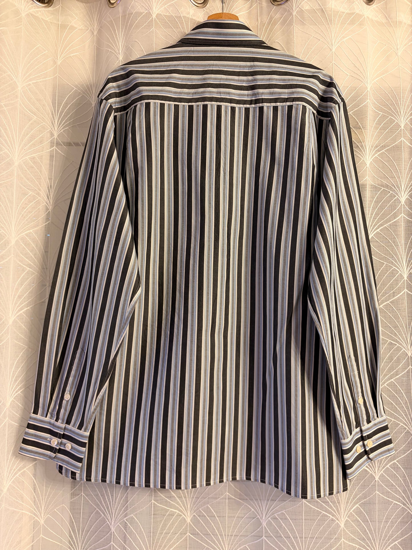 Chemise Perry Ellis Rayures Verticales Bleu/Noir/Blanc 100% Coton Manches Longues – Homme – Taille L