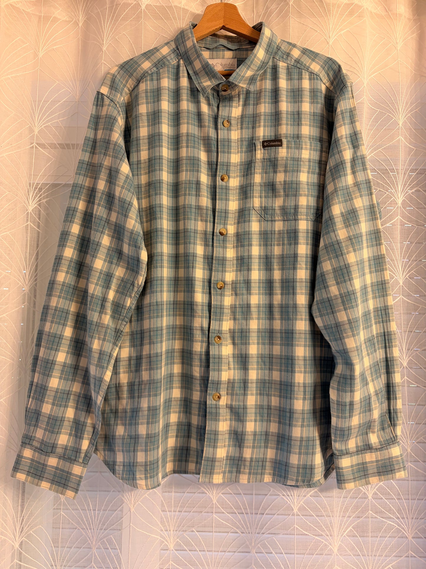 Chemise Columbia Vapor Ridge III Plaid AM8053 Carreaux Bleu Ciel/Blanc/Beige 97% Coton Stretch Poche Brodée – Homme – Taille L