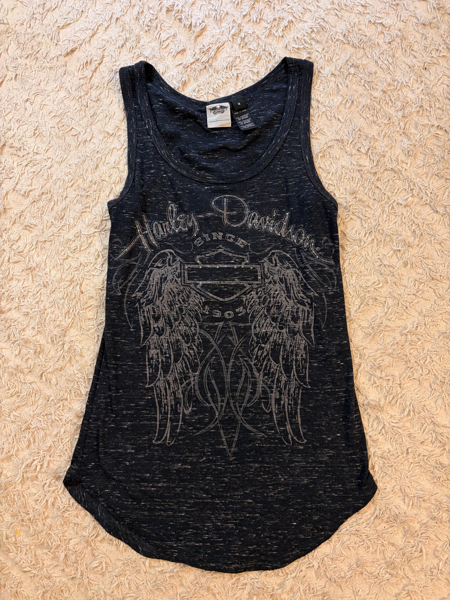 Débardeur Harley-Davidson Genuine MotorClothes Gris Anthracite Chiné Motif Ailes Strass Tissu Côtelé Stretch – Femme – Taille M