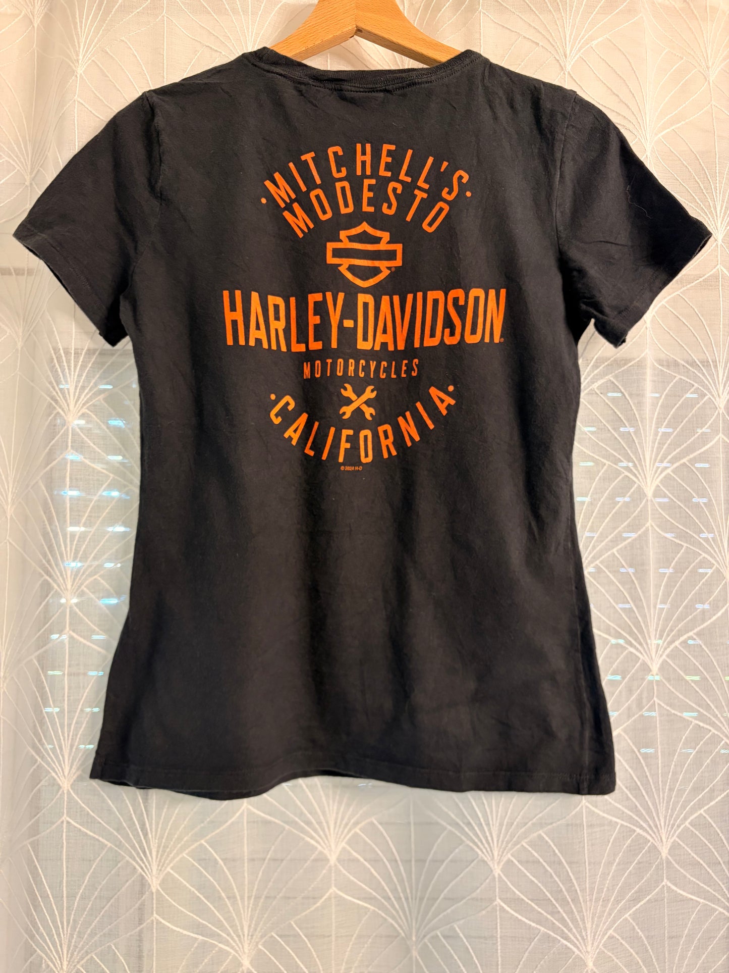 T-shirt Harley-Davidson Halloween Squelette Moto Citrouilles Noir Délavé 100% Coton Modesto California – Femme – Taille S