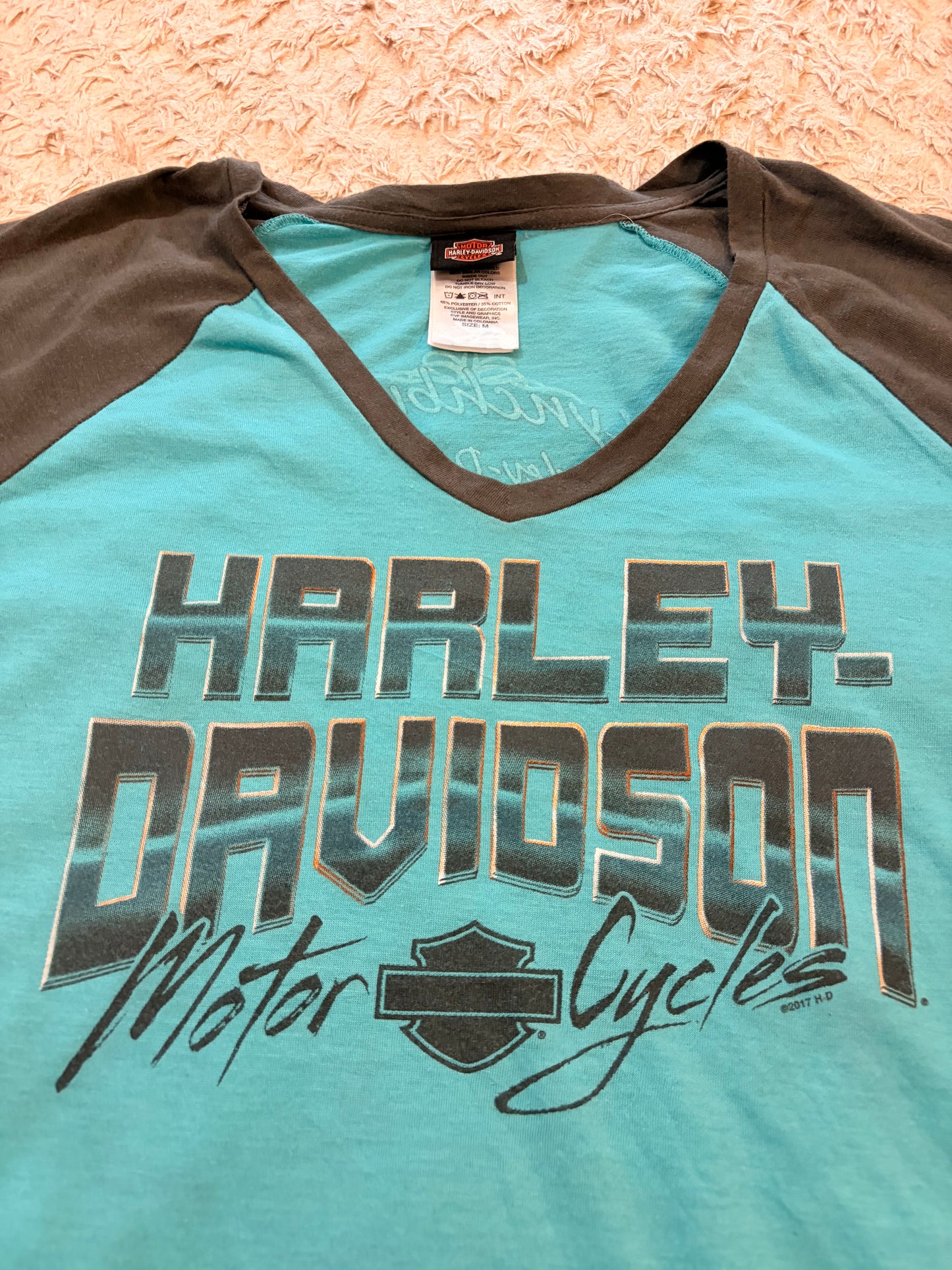 T-shirt Harley-Davidson Lynchburg Tennessee Raglan Bicolore Bleu Turquoise/Gris Logo Métallisé – Femme – Taille M