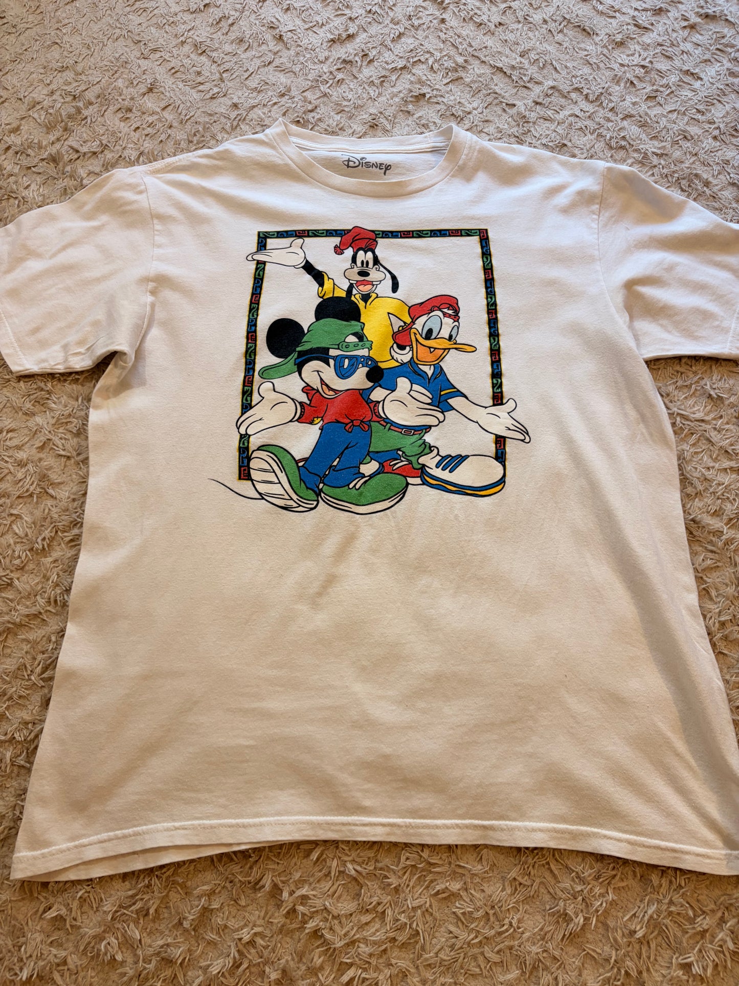 T-shirt Disney Mickey Donald Dingo Streetwear Hip-Hop Vintage 90s Blanc Crème 100% Coton – Unisexe – Taille L