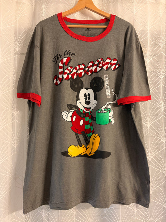 T-shirt Disney Noël Mickey Mouse Tis the Season Gris Ringer Rouge – Neuf – Mixte – Taille 2XL
