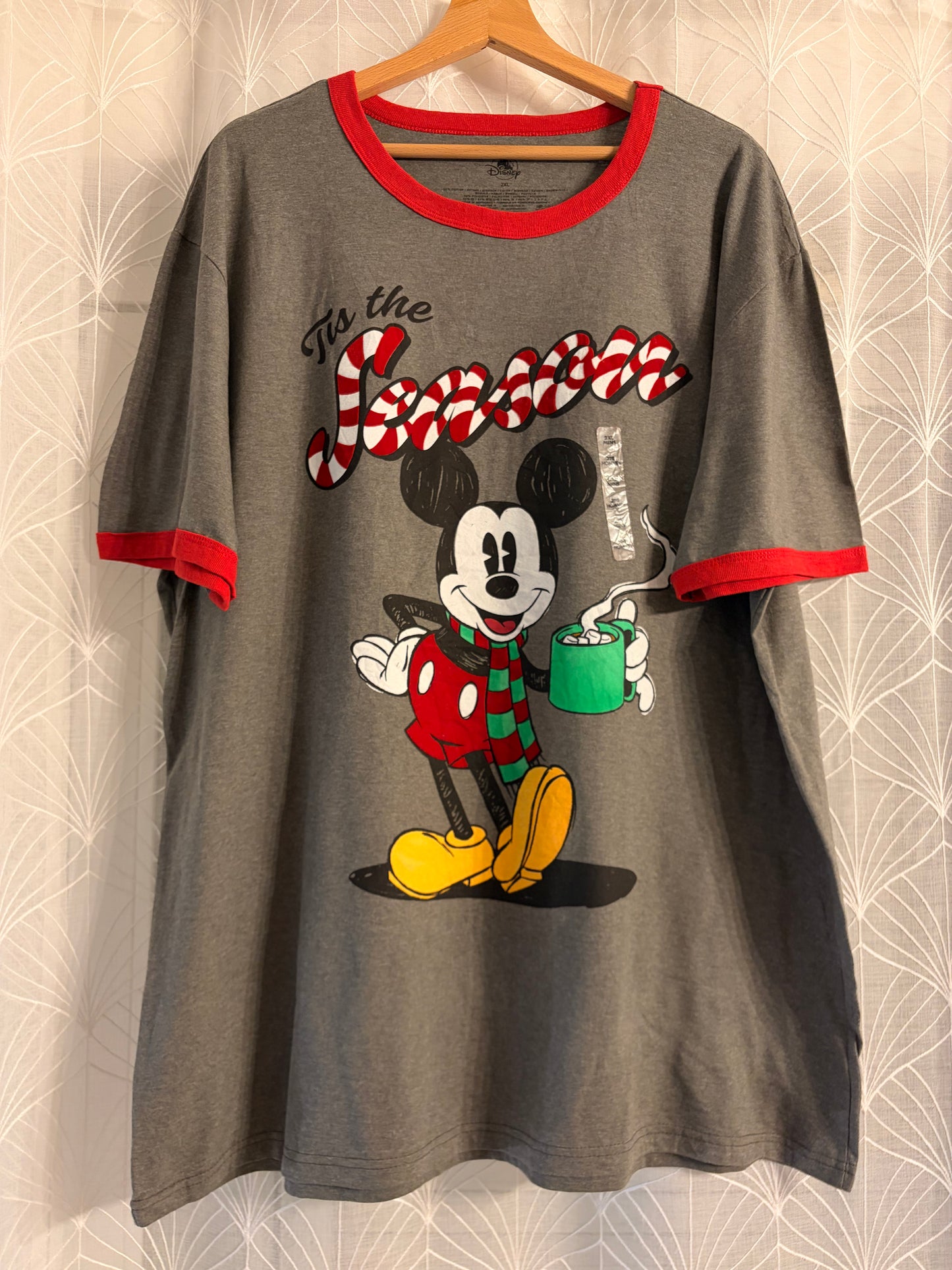T-shirt Disney Noël Mickey Mouse Tis the Season Gris Ringer Rouge – Neuf – Mixte – Taille 2XL