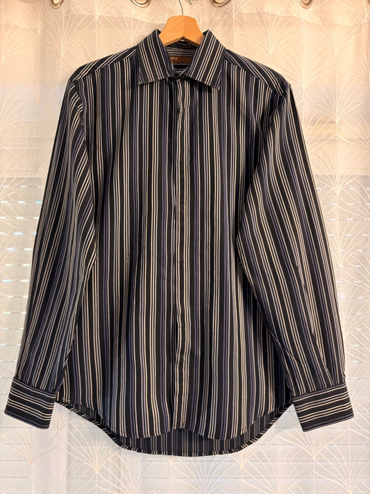 Chemise Perry Ellis Rayures Verticales Fines Noir/Bleu/Violet/Blanc 100% Coton Boutonnière Cachée – Homme – Taille S