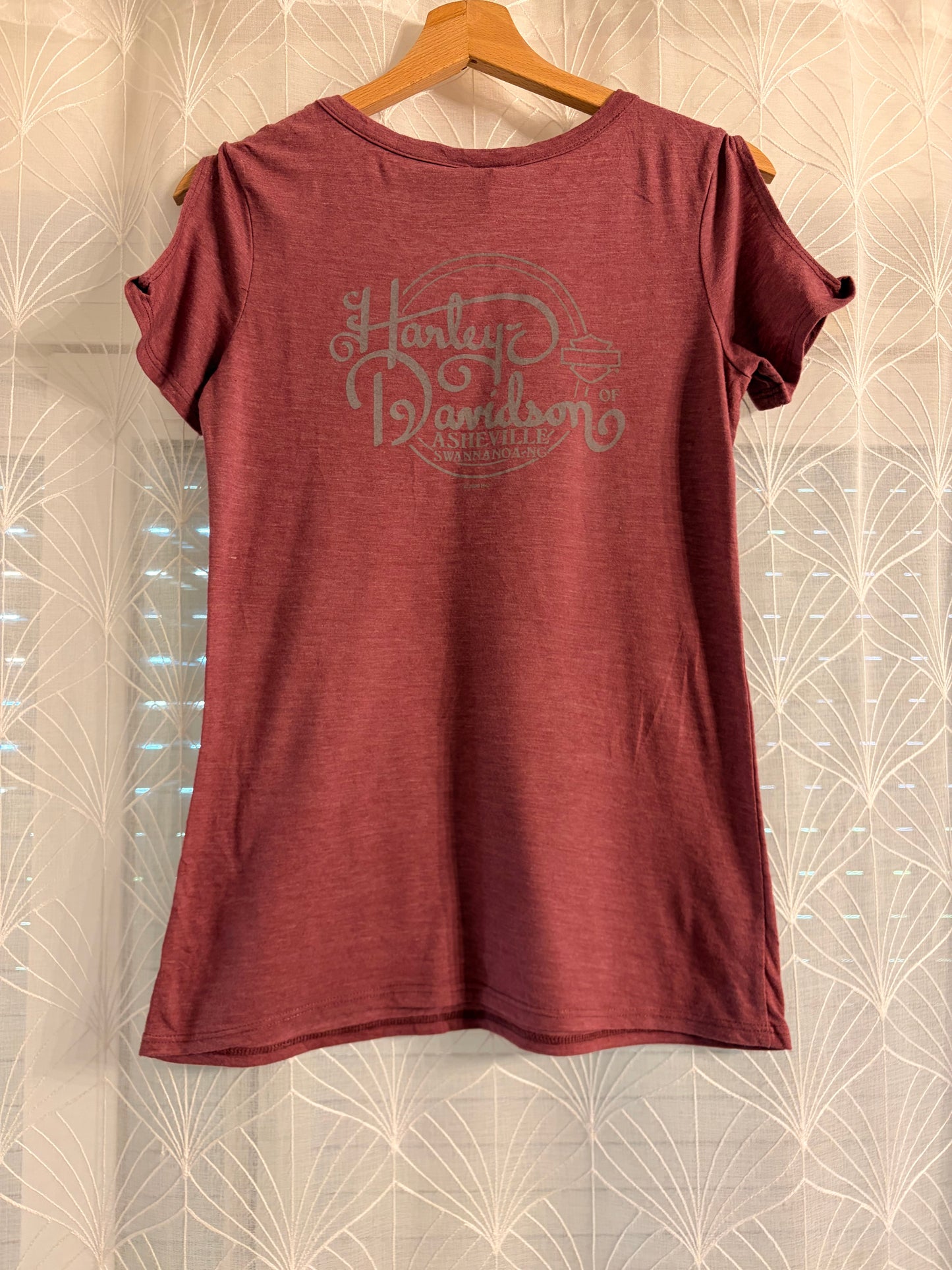 T-shirt Harley-Davidson Live Love Ride Rose Chiné Cold Shoulder Strass Dorés Dos Asheville NC 50% Polyester – Femme – Taille S