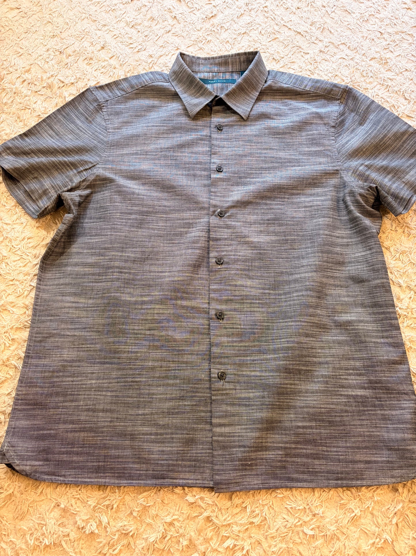 Chemisette Perry Ellis Gris Anthracite/Blanc Chiné Tissage Texturé Bicolore 100% Coton Manches Courtes – Homme – Taille L