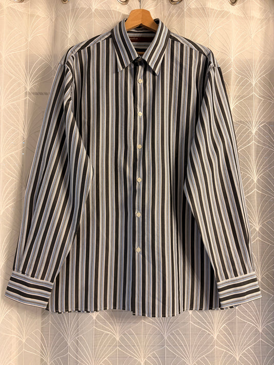 Chemise Perry Ellis Rayures Verticales Bleu/Noir/Blanc 100% Coton Manches Longues – Homme – Taille L