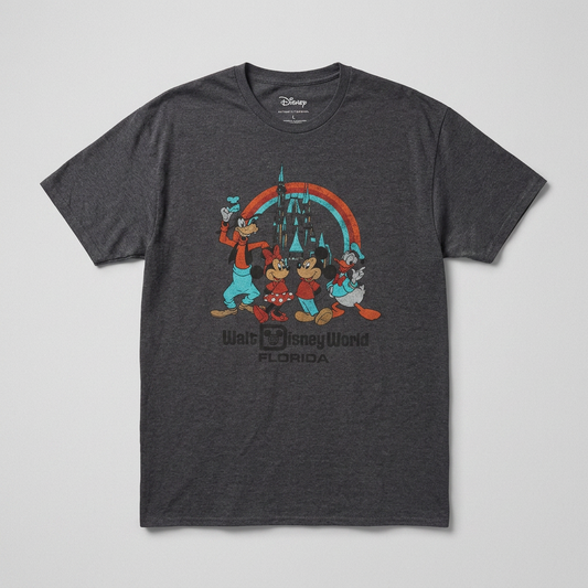 T-shirt Walt Disney World Florida rétro Mickey Friends château arc-en-ciel gris anthracite – Mixte – Taille XL | Mode Seconde