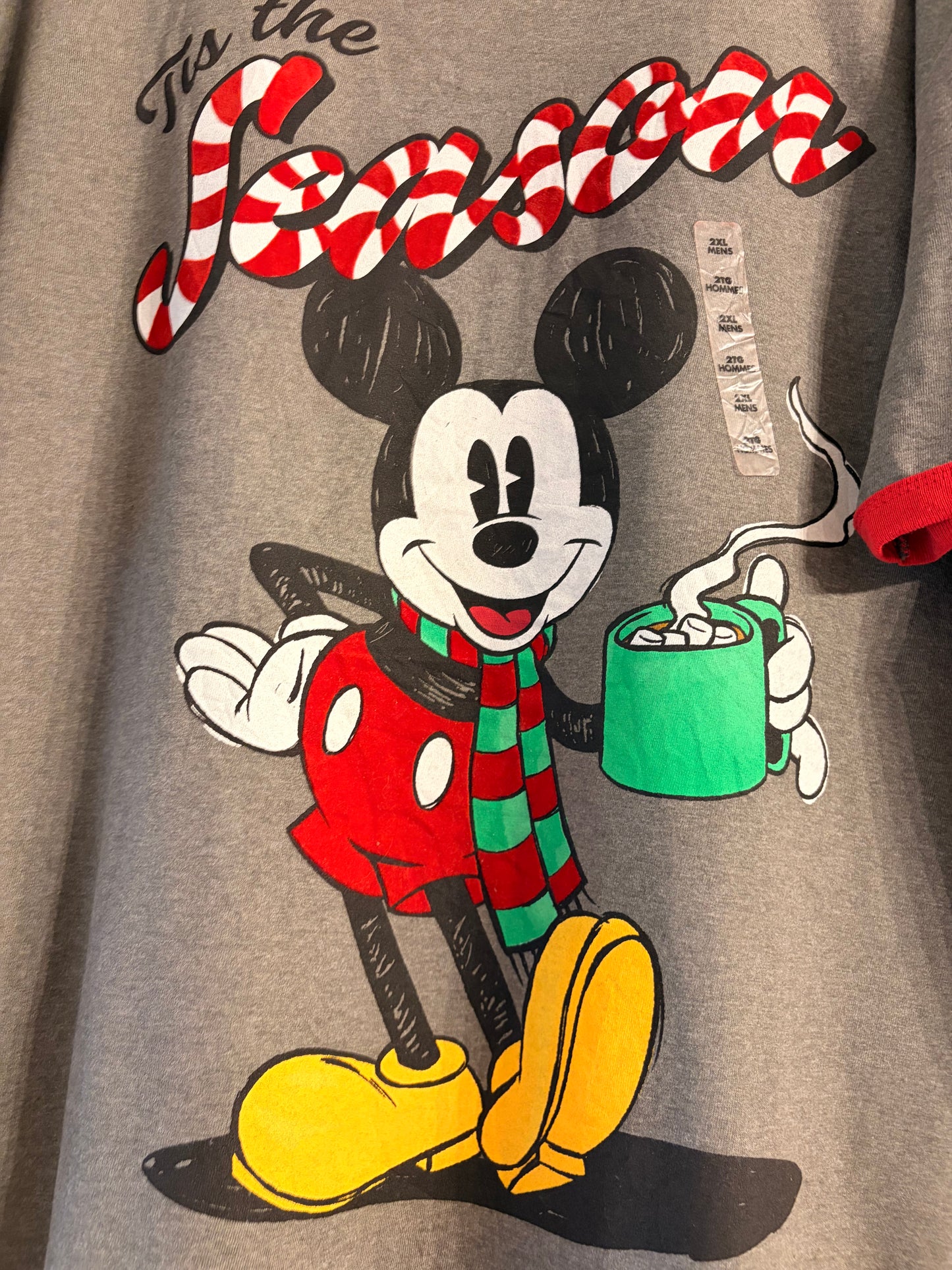 T-shirt Disney Noël Mickey Mouse Tis the Season Gris Ringer Rouge – Neuf – Mixte – Taille 2XL