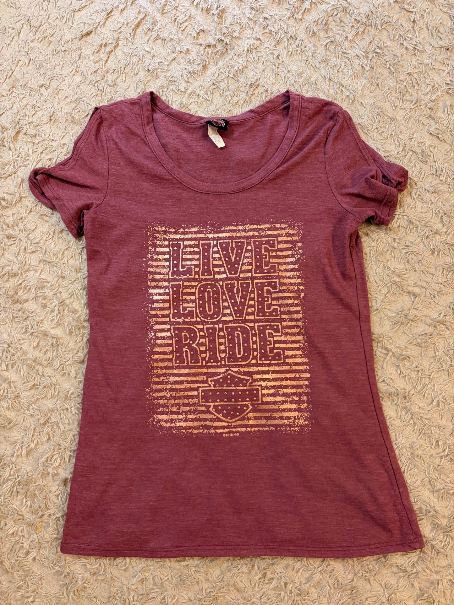 T-shirt Harley-Davidson Live Love Ride Rose Chiné Cold Shoulder Strass Dorés Dos Asheville NC 50% Polyester – Femme – Taille S