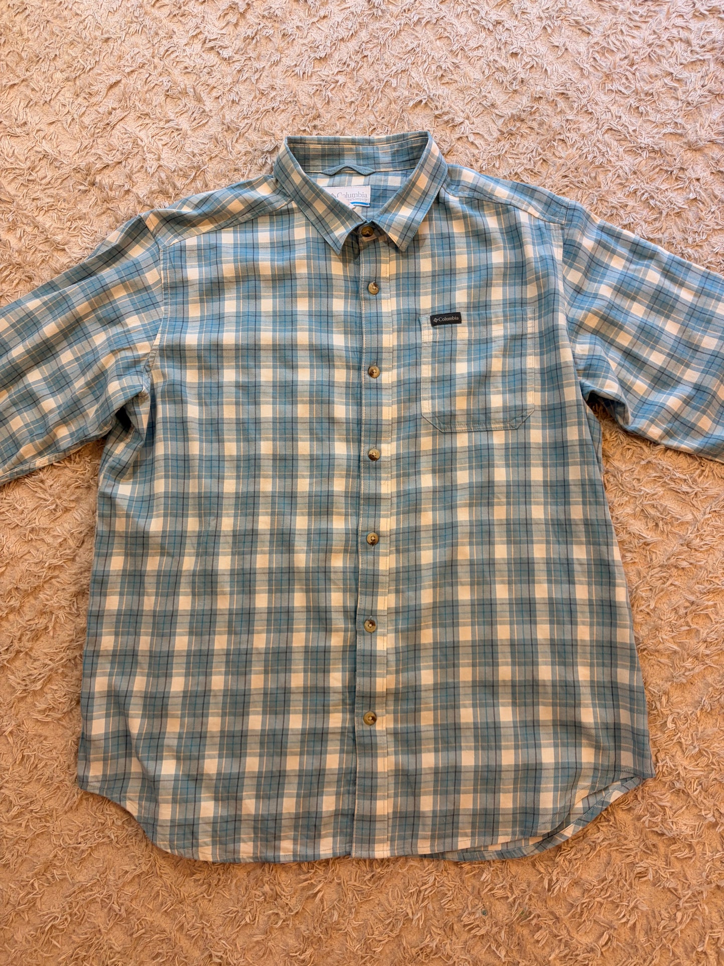 Chemise Columbia Vapor Ridge III Plaid AM8053 Carreaux Bleu Ciel/Blanc/Beige 97% Coton Stretch Poche Brodée – Homme – Taille L