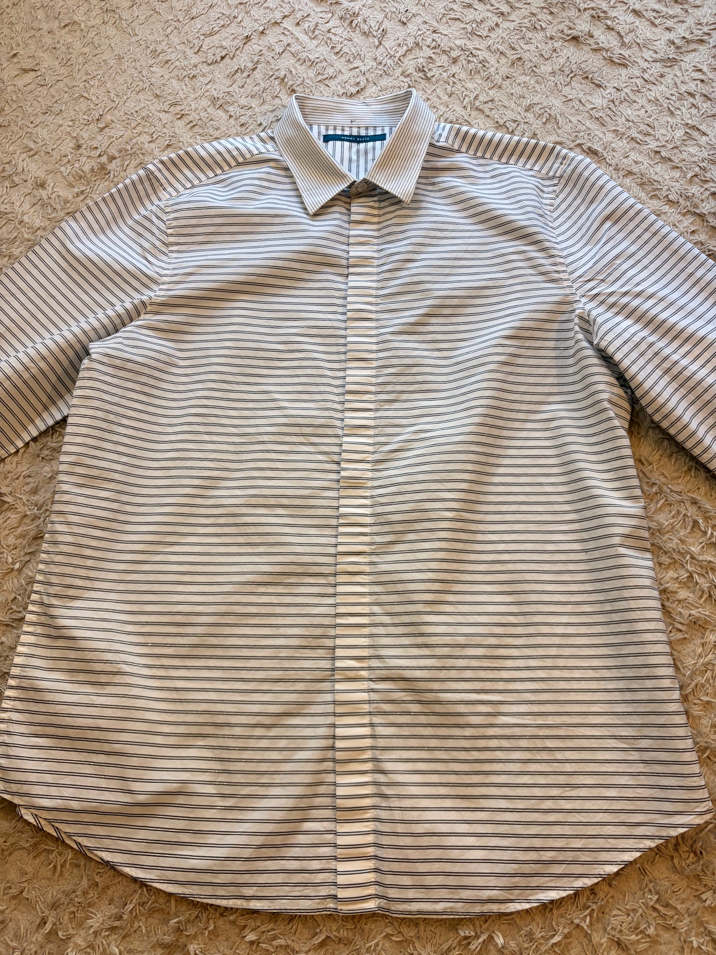 Chemise Perry Ellis Rayures Horizontales/Verticales Contrastées Blanc/Noir 99% Coton – Homme – Taille XL