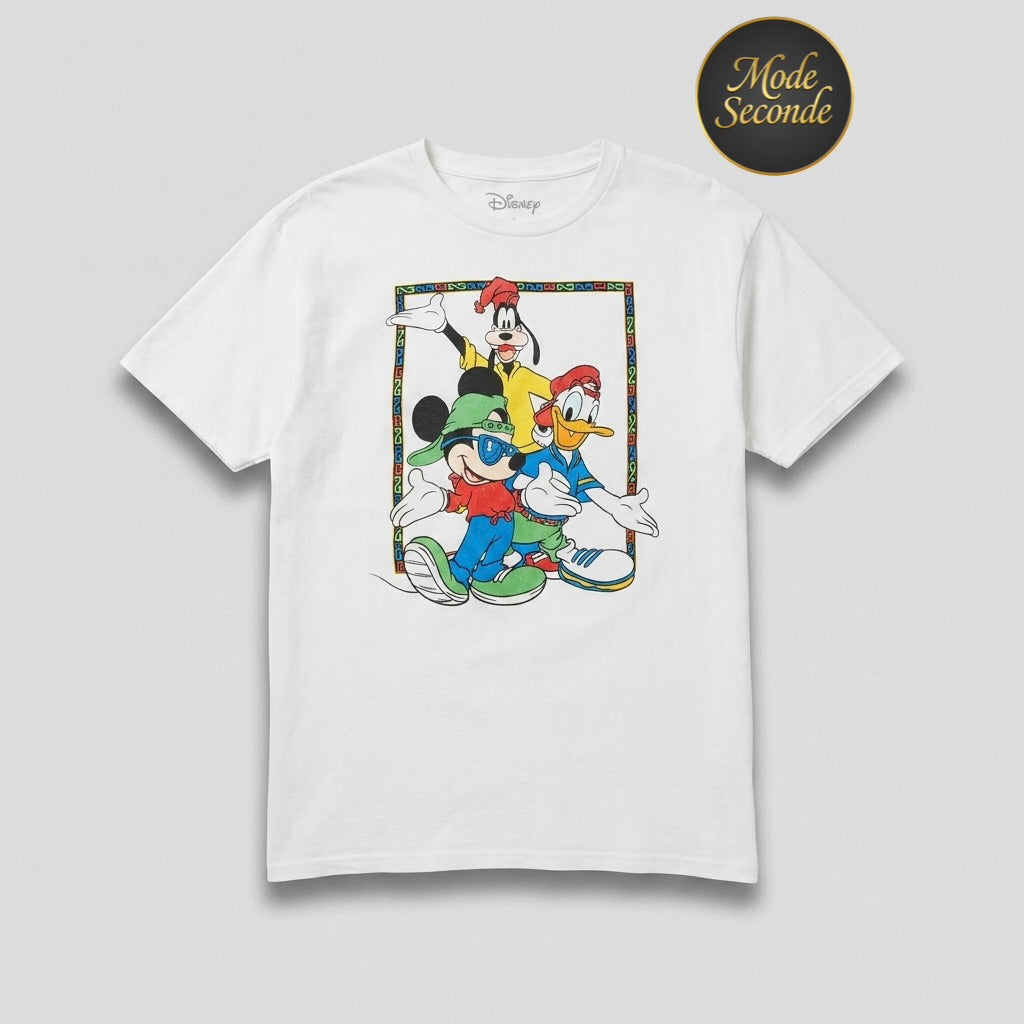 T-shirt Disney Mickey Donald Dingo streetwear hip-hop vintage 90s blanc crème 100% coton – Unisexe – Taille L | Mode Seconde