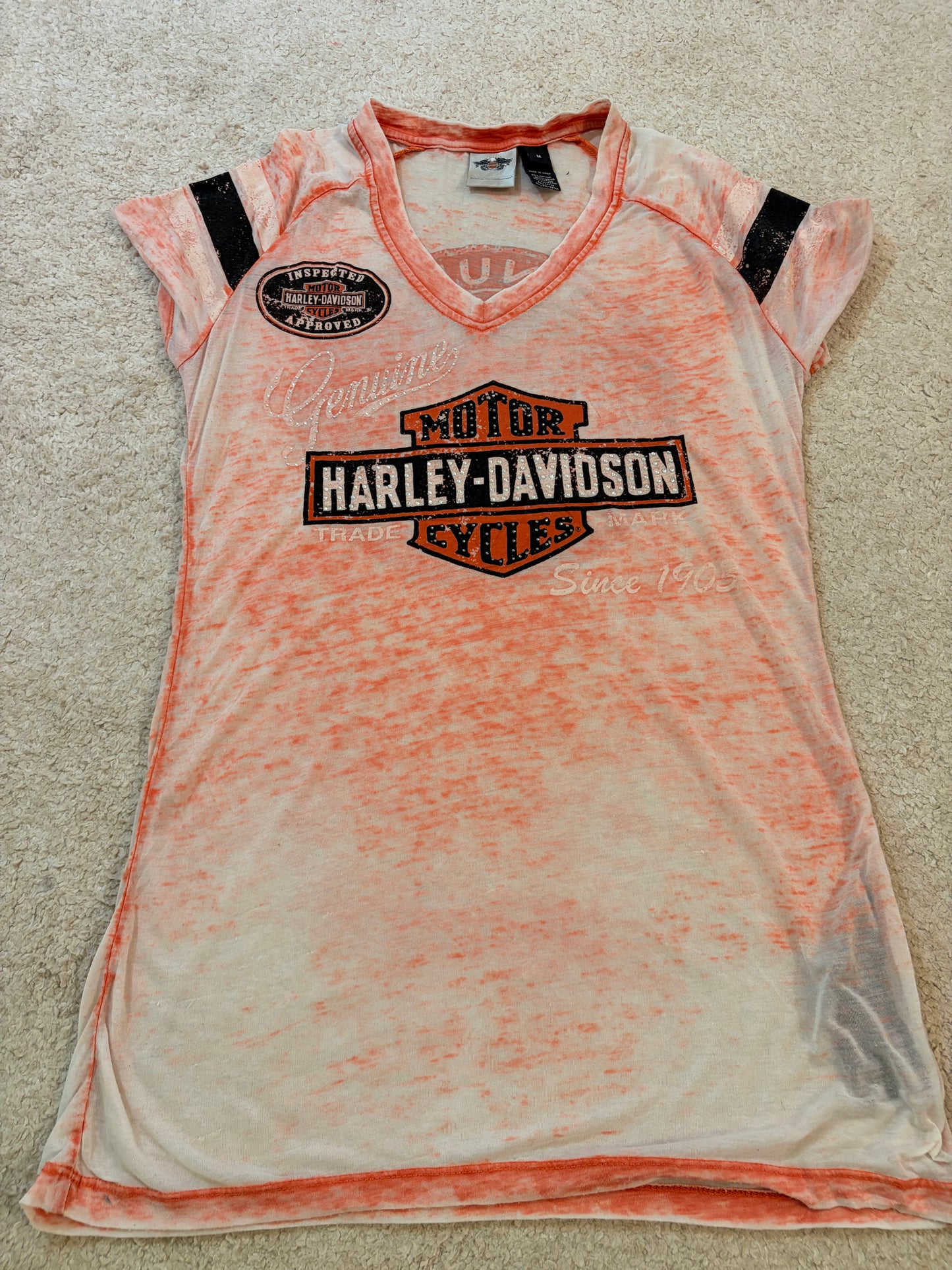 T-shirt Harley-Davidson Burnout Blanc/Orange Col V Paillettes Style Sport – Femme – Taille M