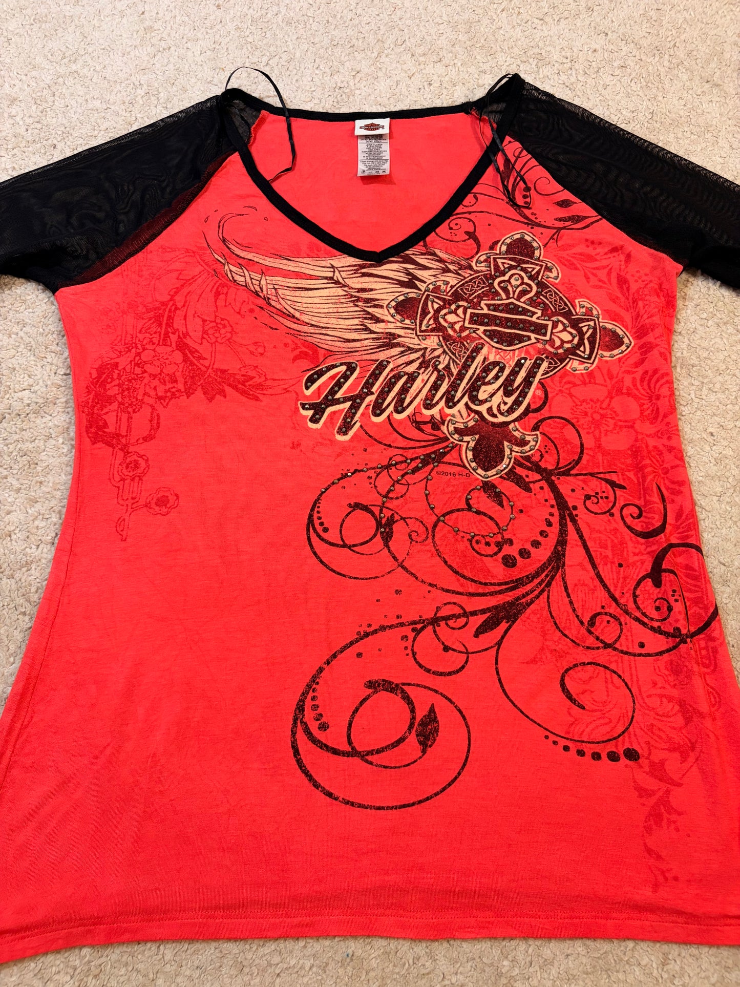 Top Harley-Davidson Rouge/Corail Manches Résille Noir Style Y2K Biker – Femme – Taille M