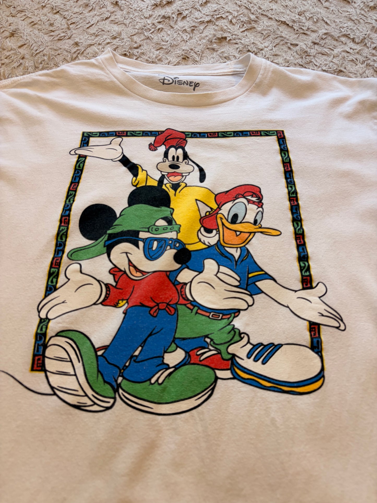 T-shirt Disney Mickey Donald Dingo Streetwear Hip-Hop Vintage 90s Blanc Crème 100% Coton – Unisexe – Taille L