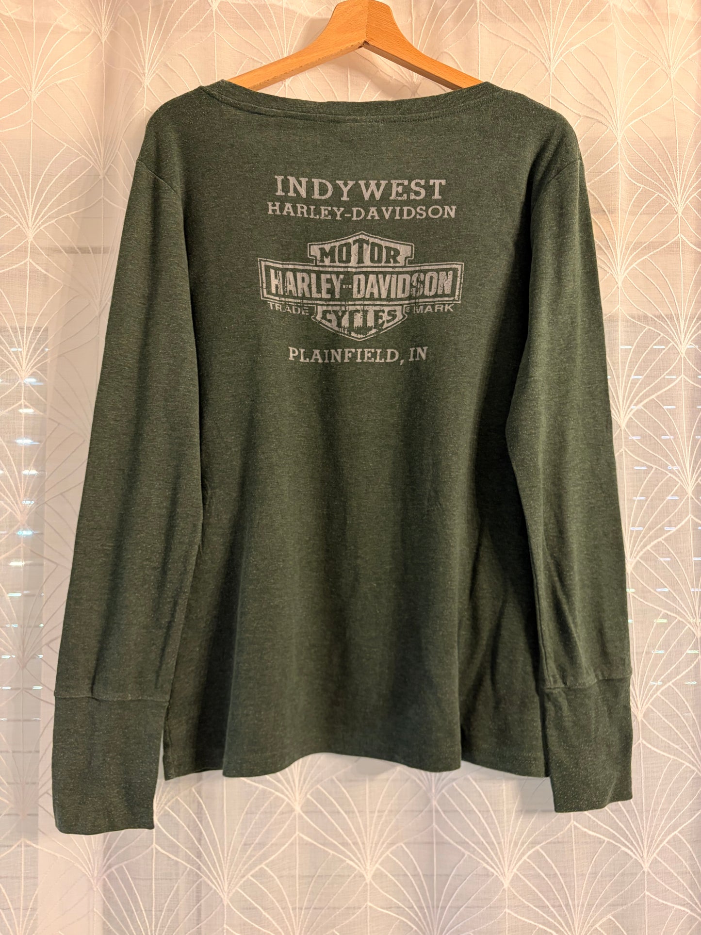T-shirt Manches Longues Harley-Davidson Legendary Factory Customs Vert Kaki Chiné Passe-Pouces Effet Distressed – Femme – Taille L