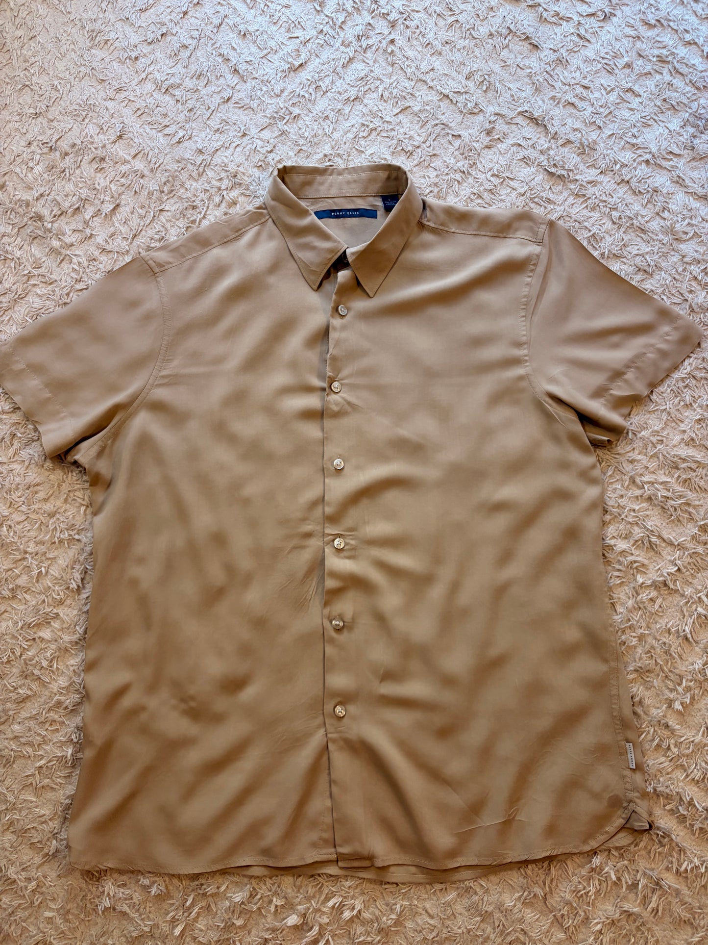 Chemise Perry Ellis Beige Sable 100% Viscose Manches Courtes Fluide Soyeuse – Homme – Taille L