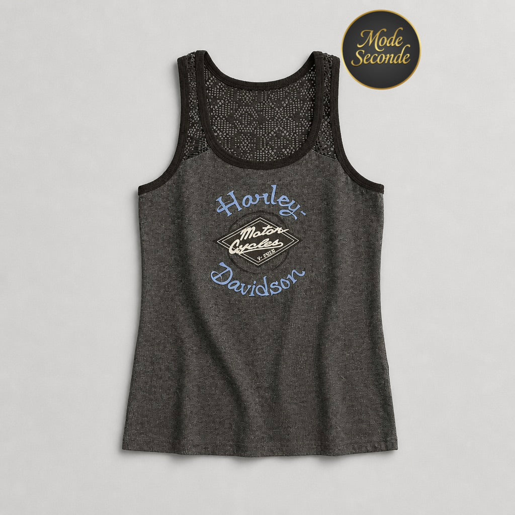 Débardeur Harley-Davidson Genuine Motorclothes gris anthracite résille dentelle noire maille côtelée – Femme – Taille S | Mode Seconde