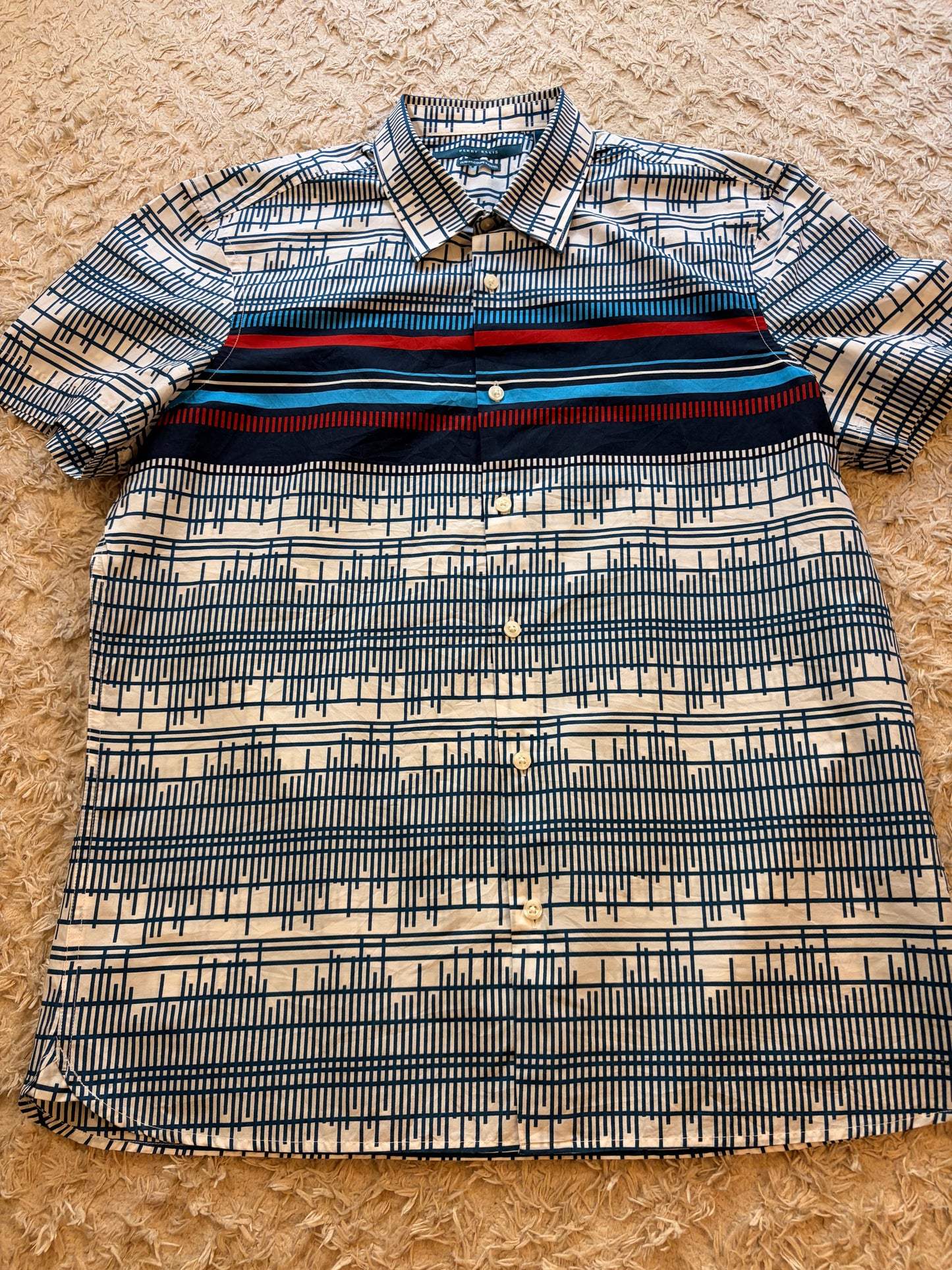 Chemise Manches Courtes Perry Ellis Slim Fit Graphique Blanc/Bleu/Rouge Bande Contrastée – Homme – Taille L