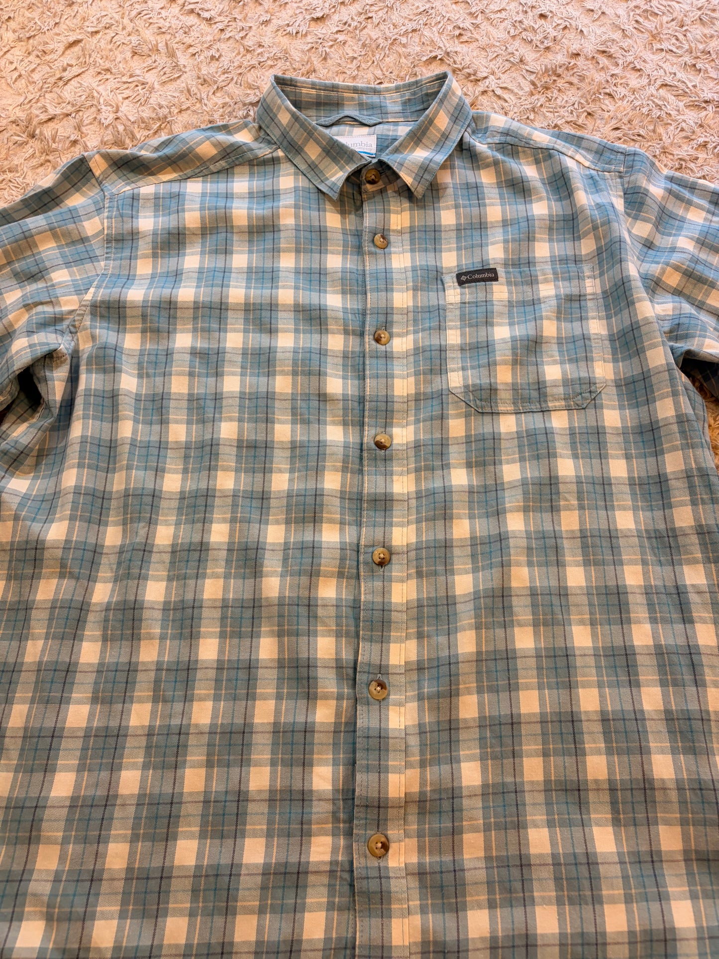 Chemise Columbia Vapor Ridge III Plaid AM8053 Carreaux Bleu Ciel/Blanc/Beige 97% Coton Stretch Poche Brodée – Homme – Taille L