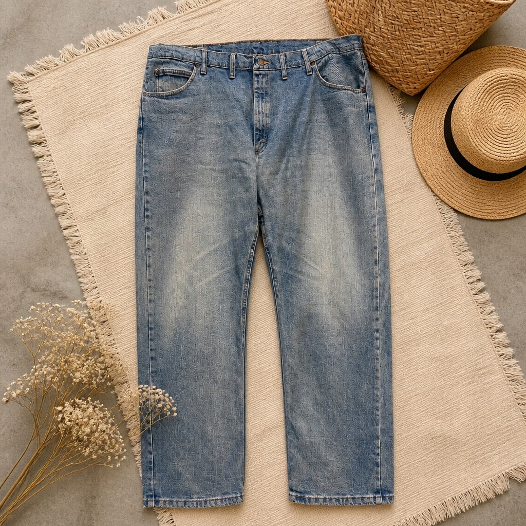 Jean Wrangler Premium Quality Classic Straight bleu clair délavé 99% coton spandex W44/L32 grande taille longueur 116 cm entrejambe 81 cm bas de jambe 23 cm – Homme | Mode Seconde