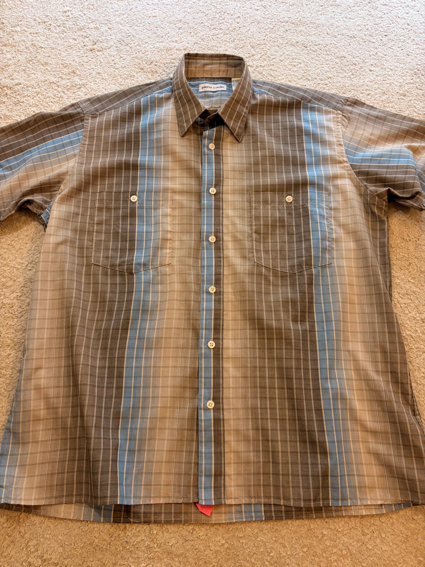 Chemise Pierre Cardin Manches Courtes Carreaux & Rayures Bleu / Brun – Taille L