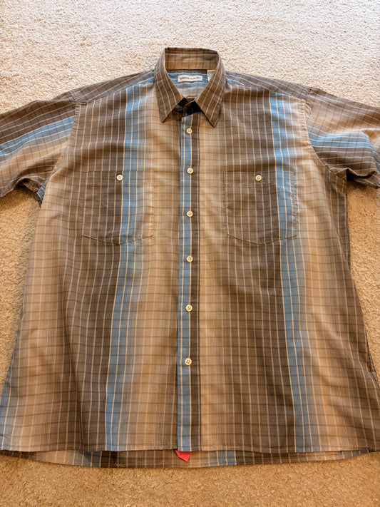 Chemise Pierre Cardin Manches Courtes Carreaux & Rayures Bleu / Brun – Taille L