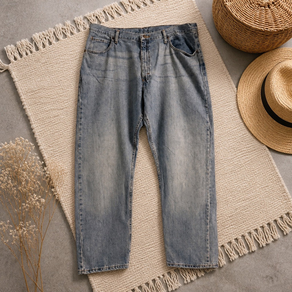 Jean Wrangler Premium Quality Relaxed Fit bleu clair délavé 100% coton W40/L30 grande taille longueur 112 cm entrejambe 78 cm bas de jambe 23 cm – Homme | Mode Seconde