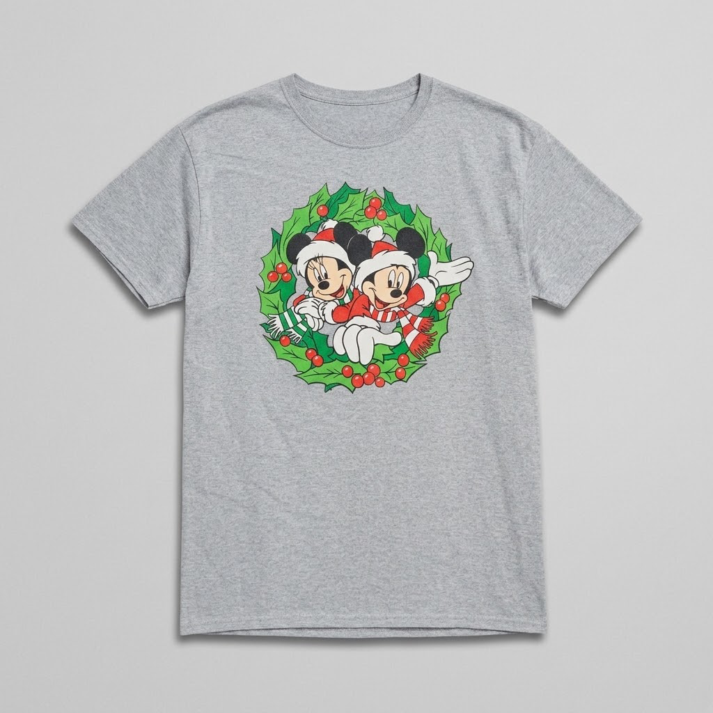 T-shirt officiel Disney Noël Mickey Minnie Mouse couronne de houx gris chiné mixte taille L – Mode Seconde