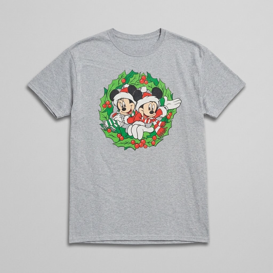 T-shirt officiel Disney Noël Mickey Minnie Mouse couronne de houx gris chiné mixte taille L – Mode Seconde