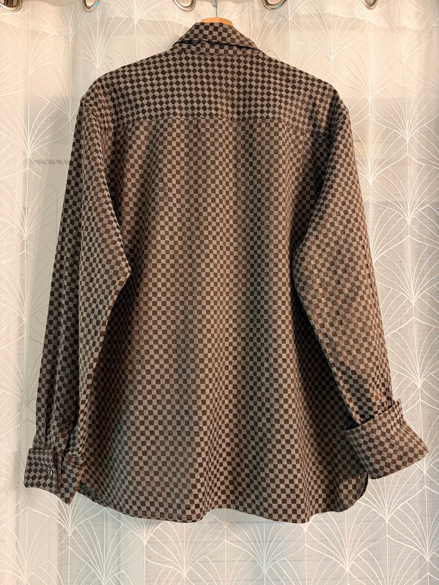 Chemise Perry Ellis Luxe Soie/Coton Carreaux Marron/Taupe Manches Longues – Homme – Taille L