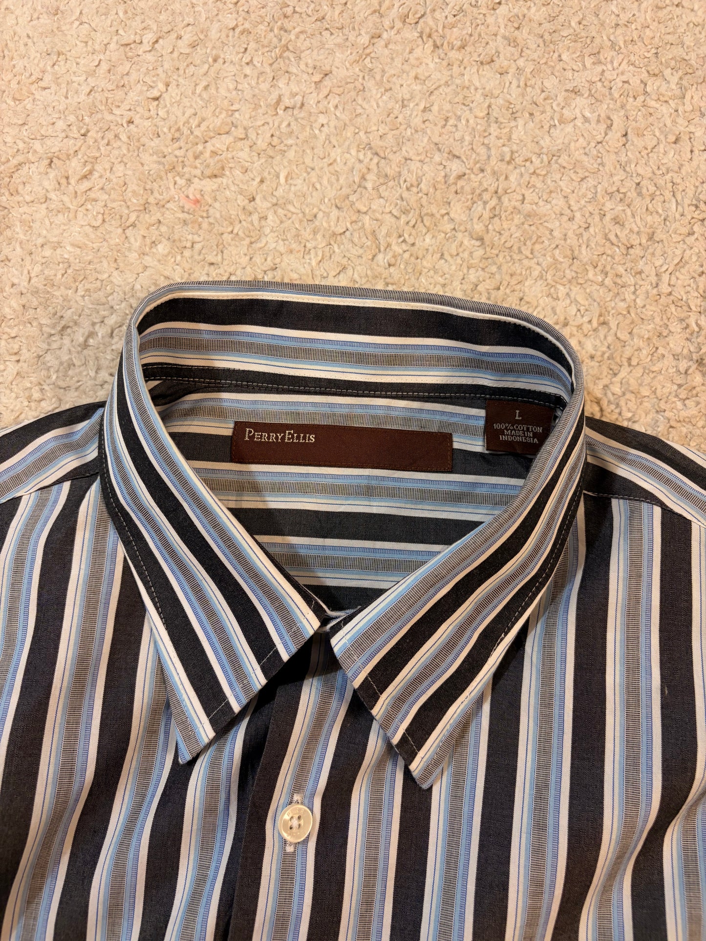 Chemise Perry Ellis Rayures Verticales Bleu/Noir/Blanc 100% Coton Manches Longues – Homme – Taille L