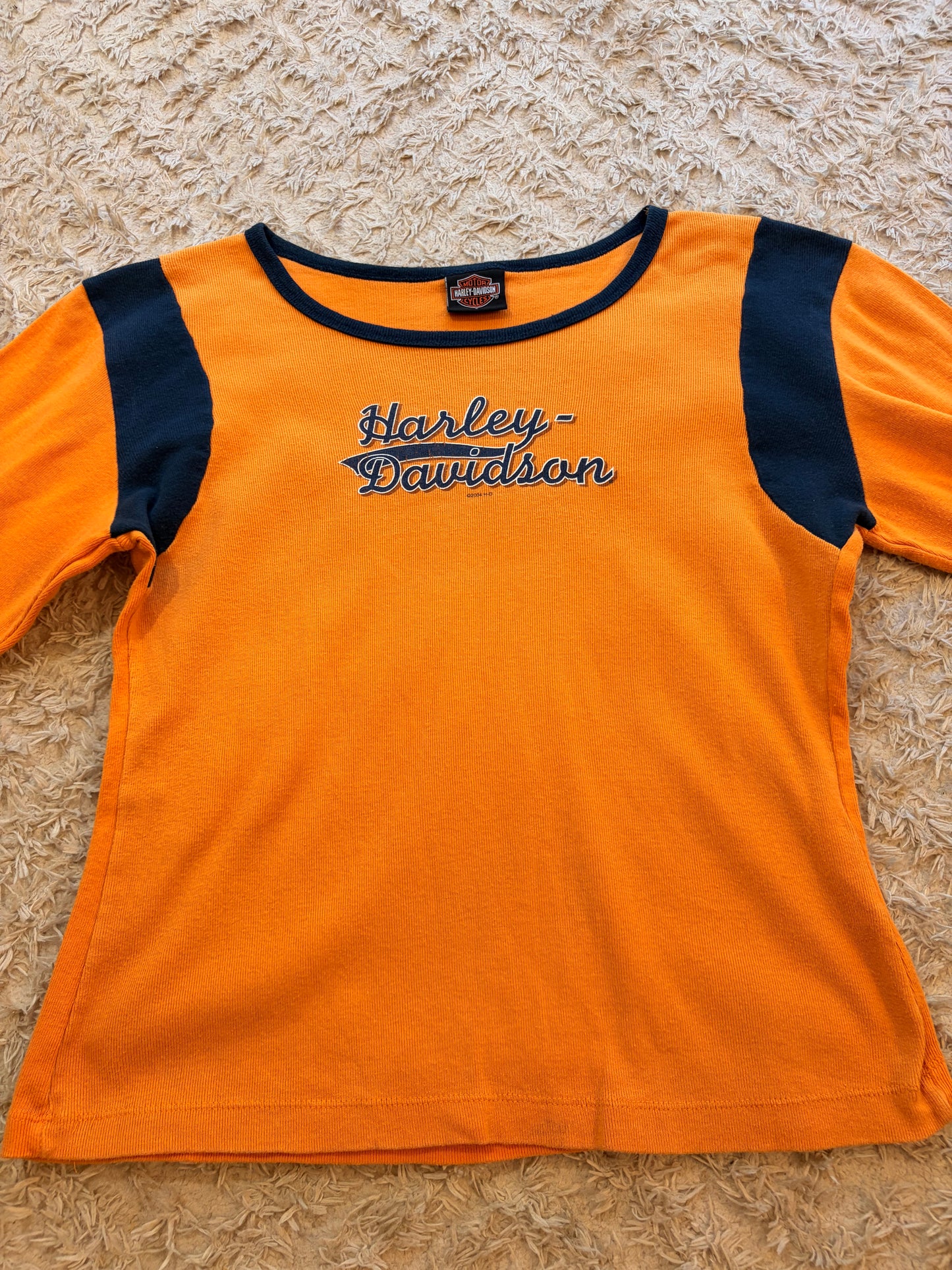 Top Manches Longues Harley-Davidson Vintage 2004 Holoubek D&S Phoenix Oregon Maille Côtelée Orange/Noir Brodé – Femme – Taille L