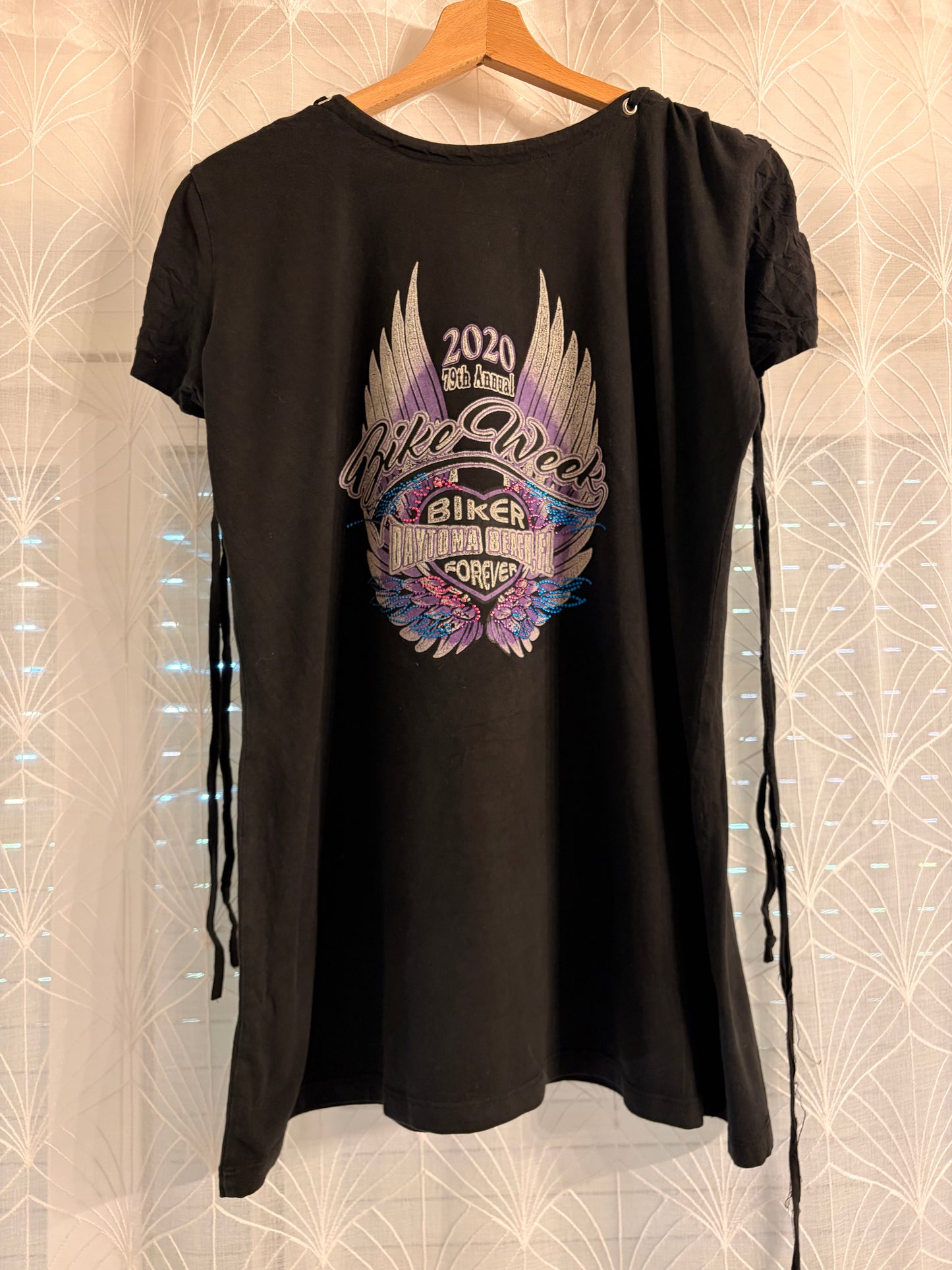 T-shirt Vance Biker Wear Daytona Bike Week 2020 Noir Dos Ailes Biker Forever Strass Bleus/Roses Œillets Lacets 95% Coton – Femme – Taille 3XL