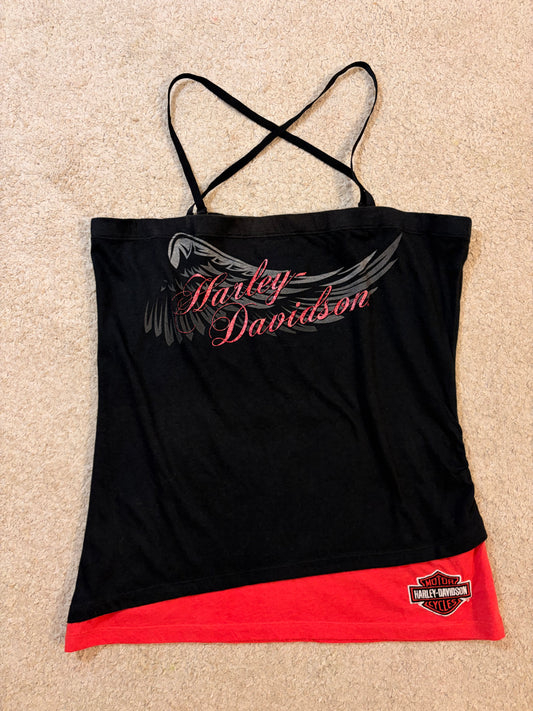 Top Débardeur Harley-Davidson Asymétrique Bretelles Croisées Noir/Rouge Paillettes – Femme – Taille L