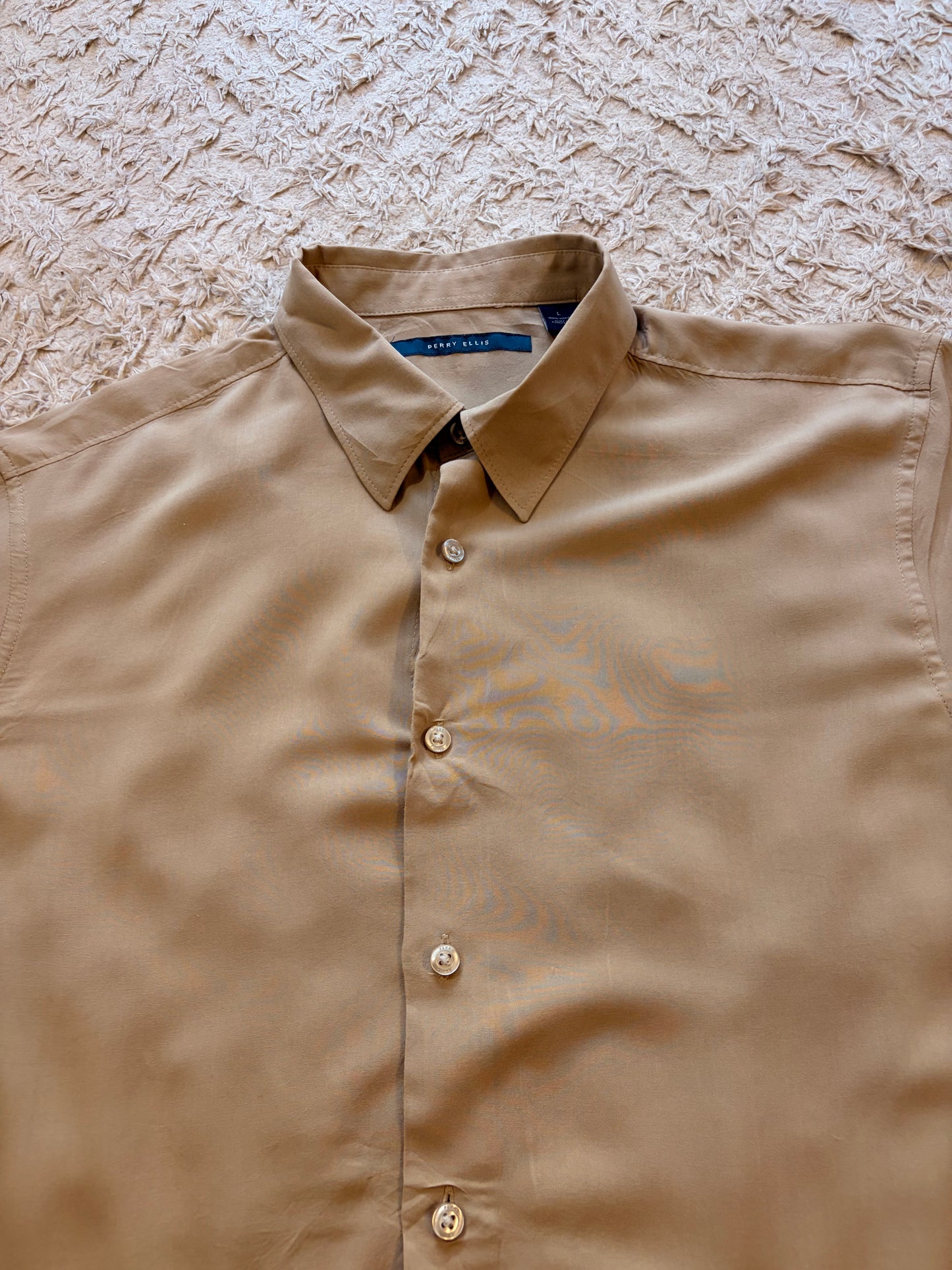 Chemise Perry Ellis Beige Sable 100% Viscose Manches Courtes Fluide Soyeuse – Homme – Taille L