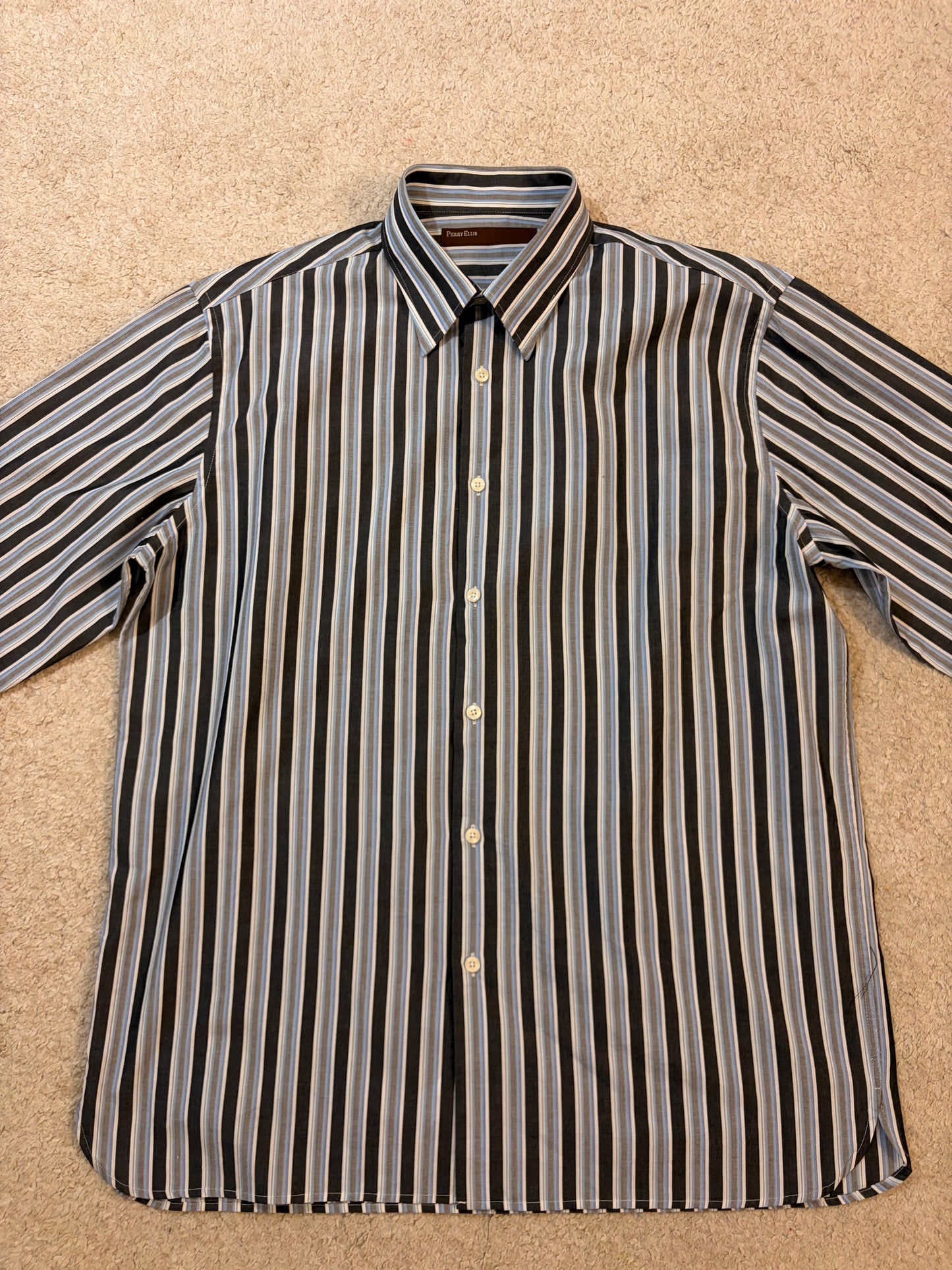 Chemise Perry Ellis Rayures Verticales Bleu/Noir/Blanc 100% Coton Manches Longues – Homme – Taille L