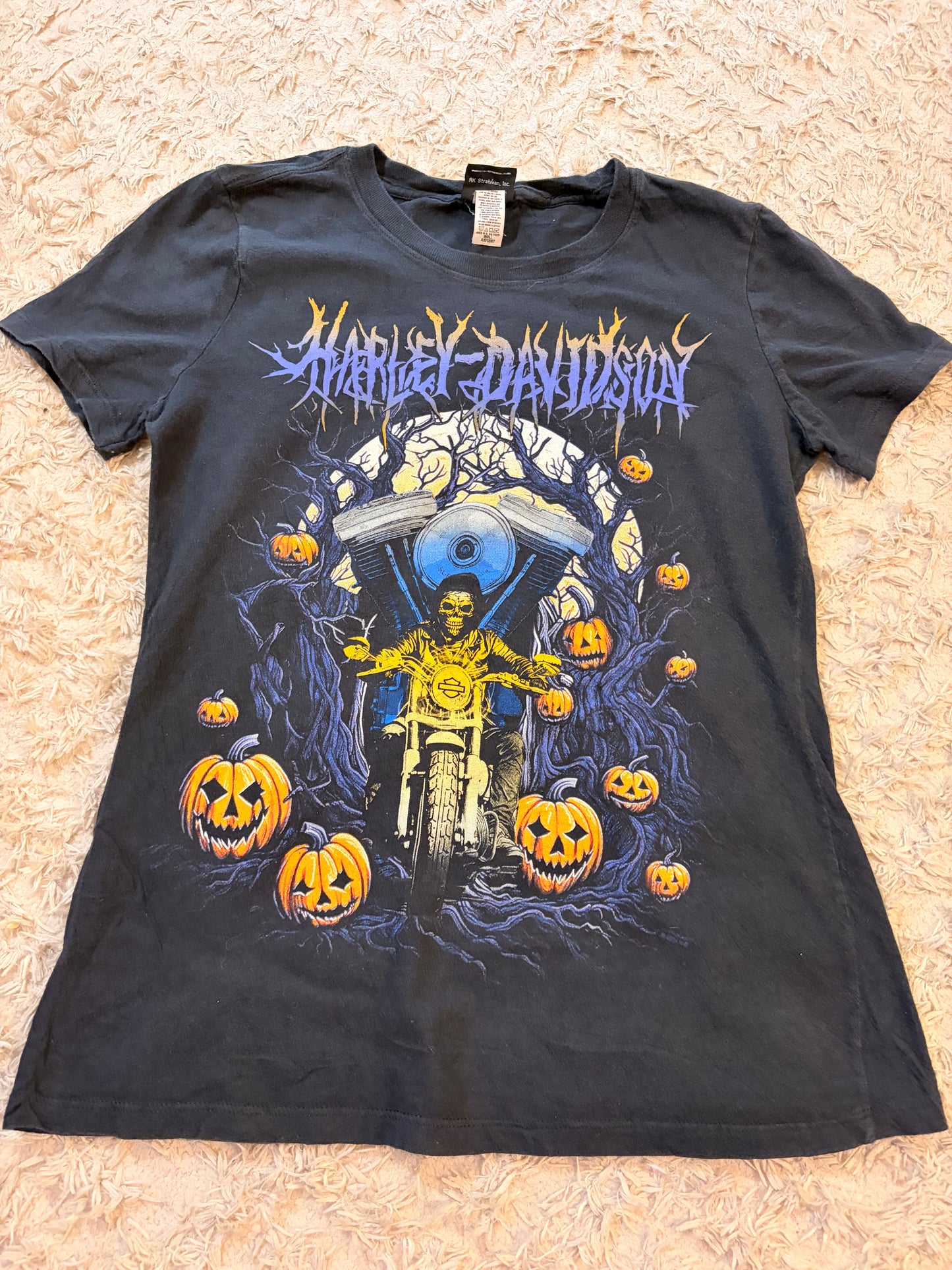 T-shirt Harley-Davidson Halloween Squelette Moto Citrouilles Noir Délavé 100% Coton Modesto California – Femme – Taille S