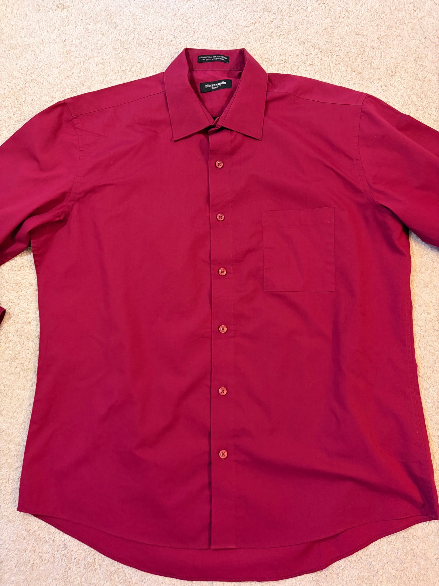 Chemise Pierre Cardin Slim Fit Rouge Bordeaux Manches Longues – Homme – Taille L