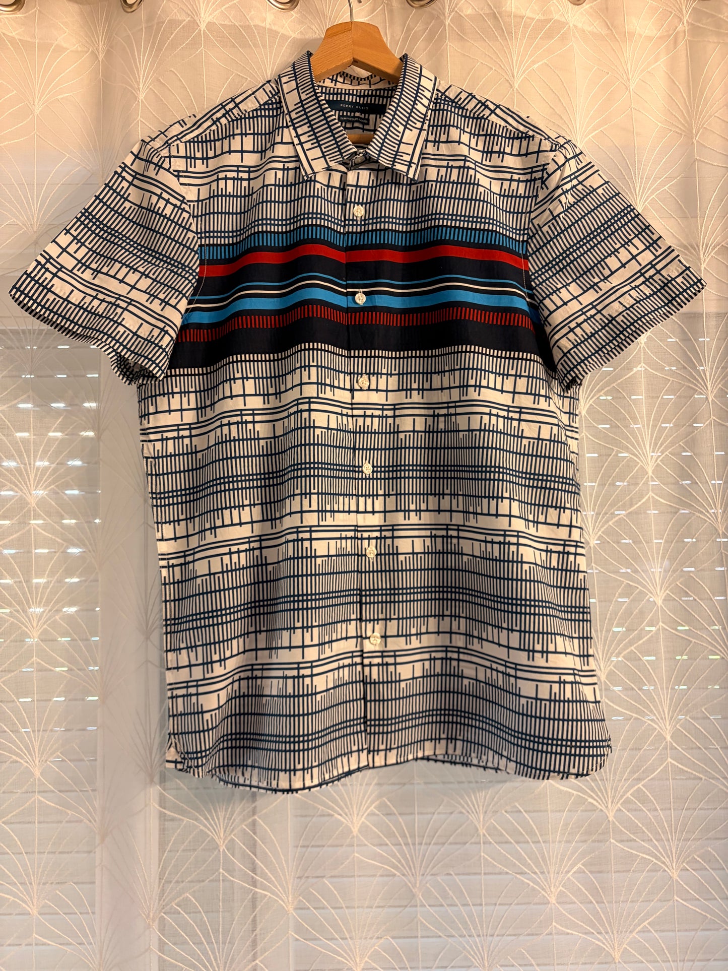 Chemise Manches Courtes Perry Ellis Slim Fit Graphique Blanc/Bleu/Rouge Bande Contrastée – Homme – Taille L