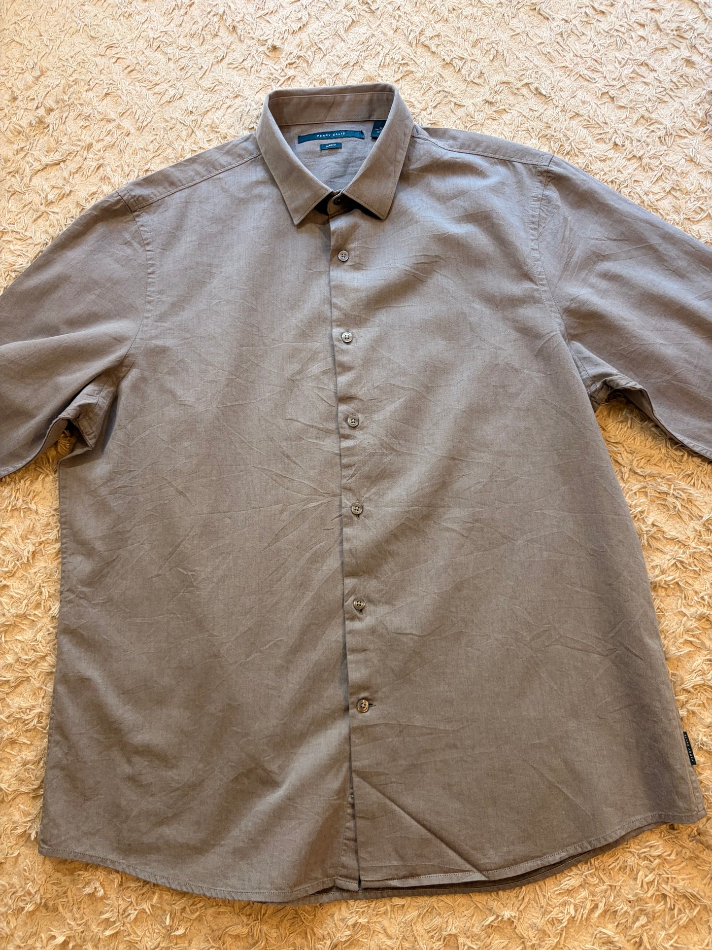 Chemise Perry Ellis Slim Fit Gris Taupe Uni Texturé 100% Coton – Homme – Taille XL