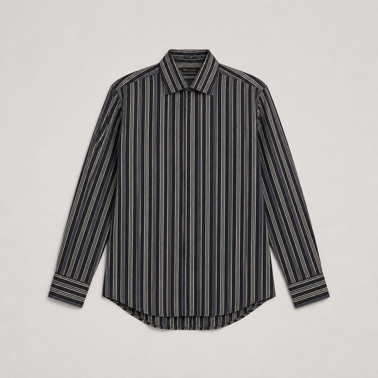 Chemise Perry Ellis rayures verticales fines noir/bleu/violet/blanc 100% coton boutonnière cachée – Homme – Taille S | Mode Seconde