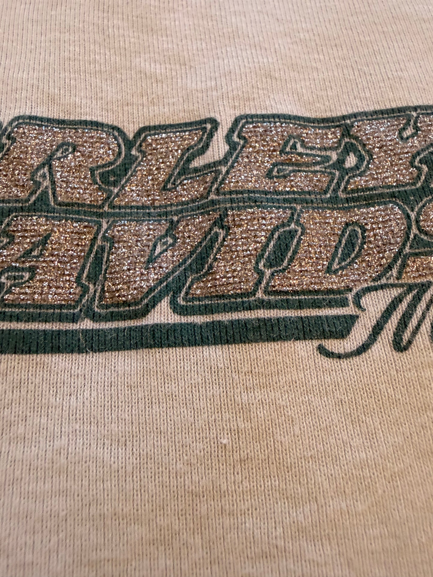 Débardeur Harley-Davidson Vintage 2008 Beige Sable Paillettes Argentées/Vertes Dos Ailes Myrtle Beach South Carolina 100% Coton Made in USA – Femme – Taille L