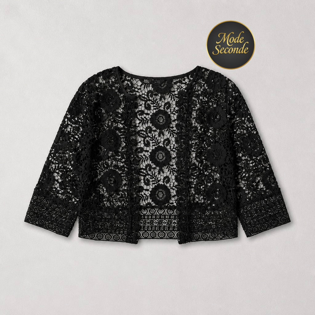 Boléro Zara noir dentelle guipure florale manches 3/4 veste courte cérémonie – Femme – Taille S | Mode Seconde