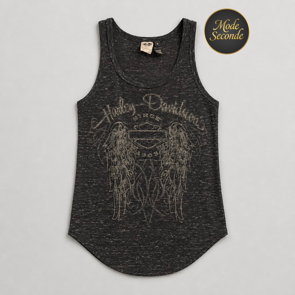 Débardeur Harley-Davidson Genuine MotorClothes gris anthracite chiné motif ailes strass tissu côtelé stretch – Femme – Taille M | Mode Seconde