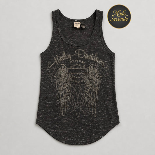 Débardeur Harley-Davidson Genuine MotorClothes gris anthracite chiné motif ailes strass tissu côtelé stretch – Femme – Taille M | Mode Seconde